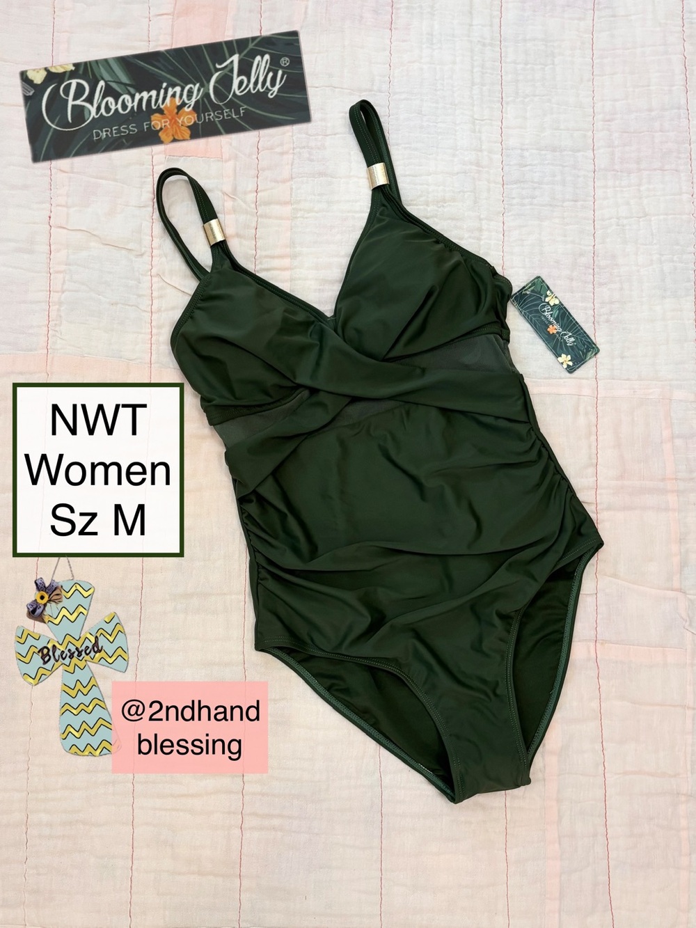 NWT Blooming Jelly Olive Green Mesh One Piece Swimsuit Women Sz M, Gold Accent